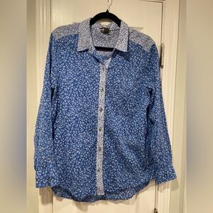 Eddie Bauer Size L Blue Floral Cotton Gauze Classic Fit Long Sleeve Button Shirt